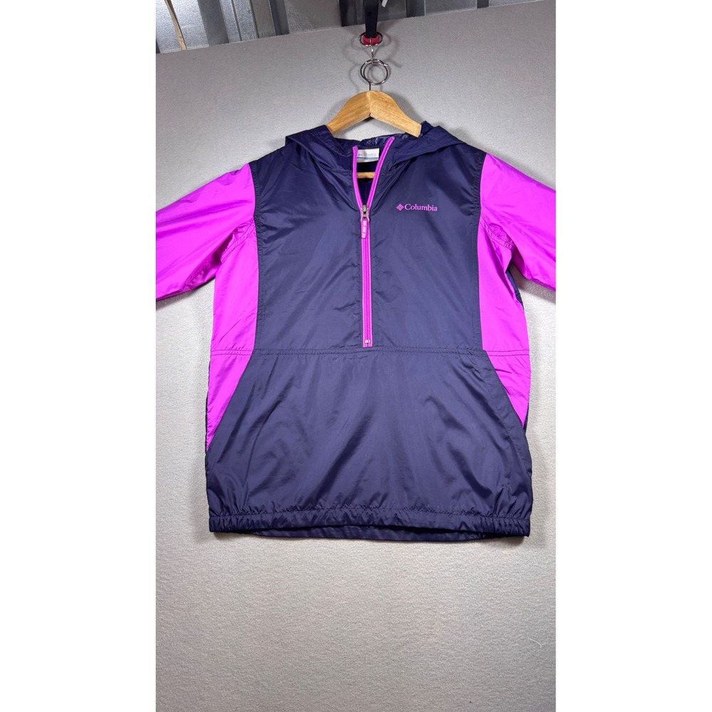 Columbia Girls Navy Magenta Colorblock HalfZip Hooded Windbreaker Jacket L 14/16
